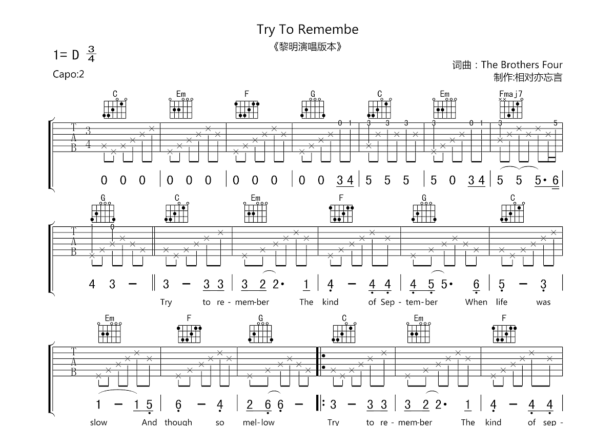 Try to remember吉他谱预览图