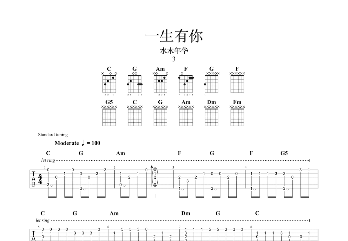 一生有你吉他谱预览图