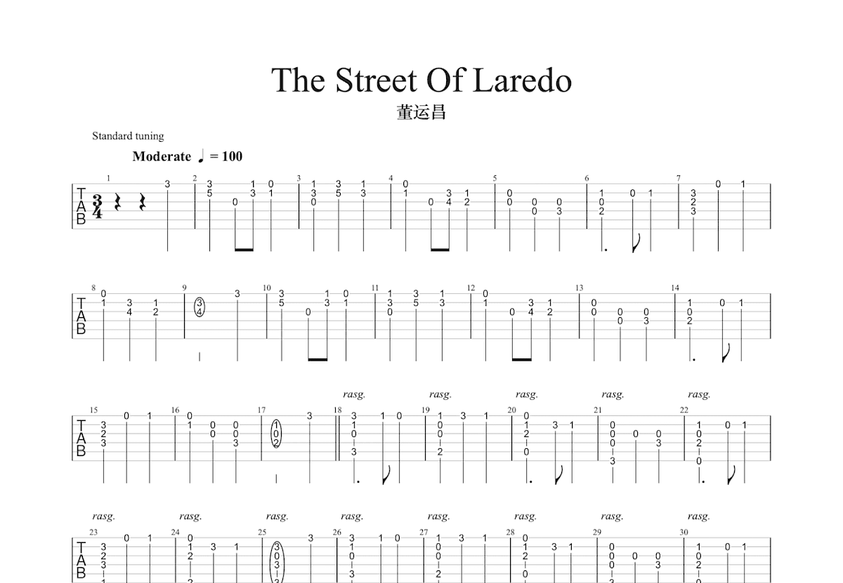 The Streets Of Laredo吉他谱_佚名_C调指弹