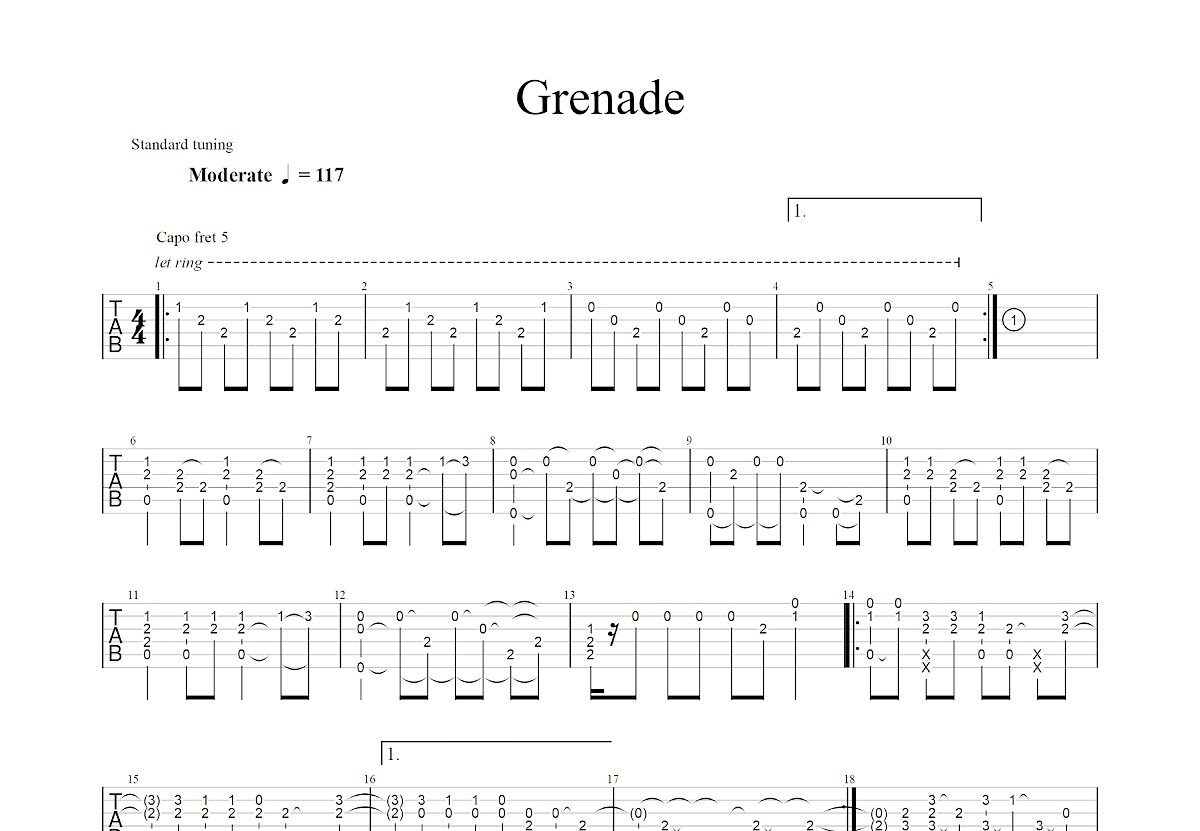 Grenade吉他谱_布鲁诺·马尔斯_C调指弹