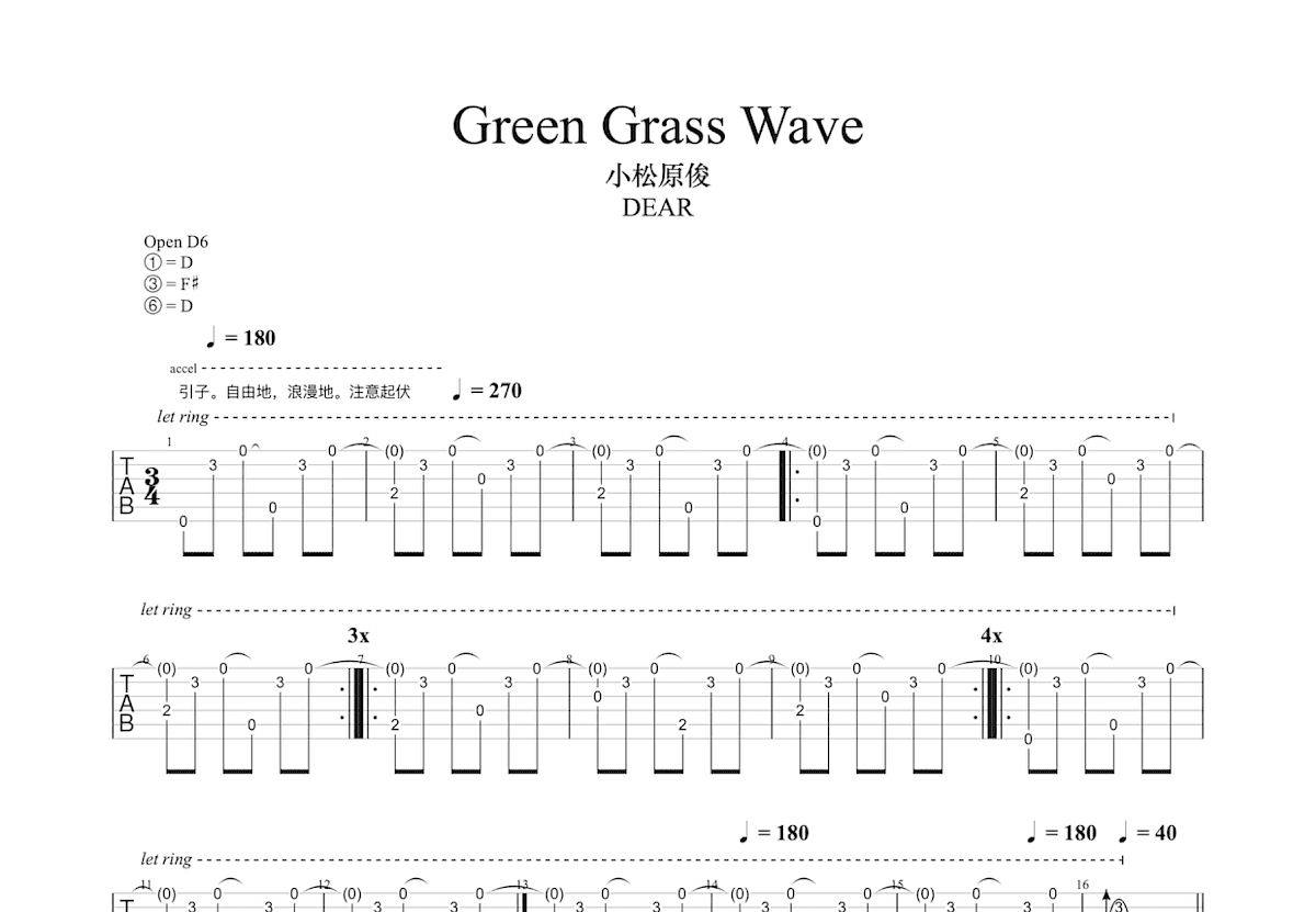 Green Grass Wave吉他谱_小松原俊_D调指弹