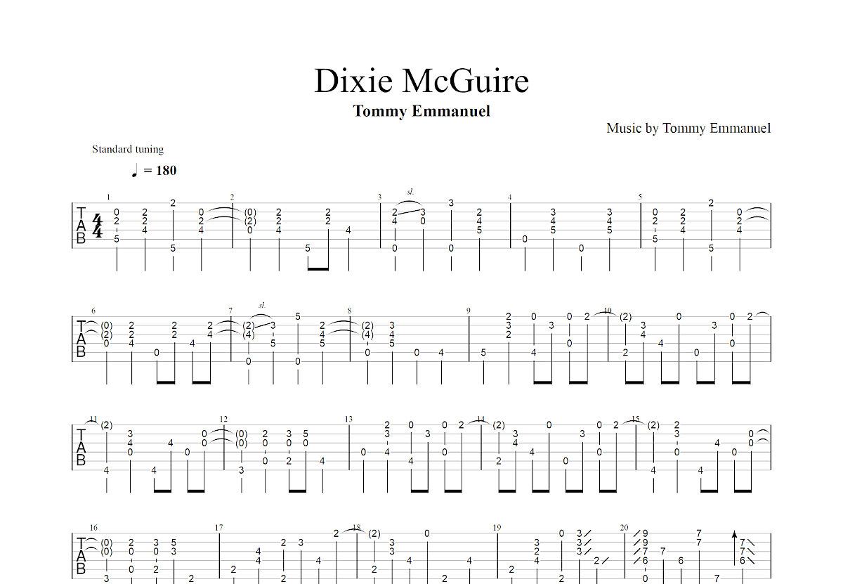 Dixie McGuire吉他谱_Tommy Emmanuel_D调指弹
