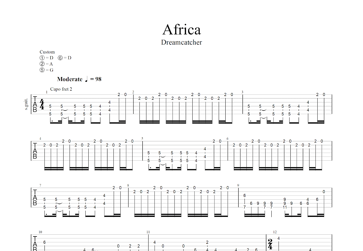 Africa吉他谱_Andy Mckee_A调指弹