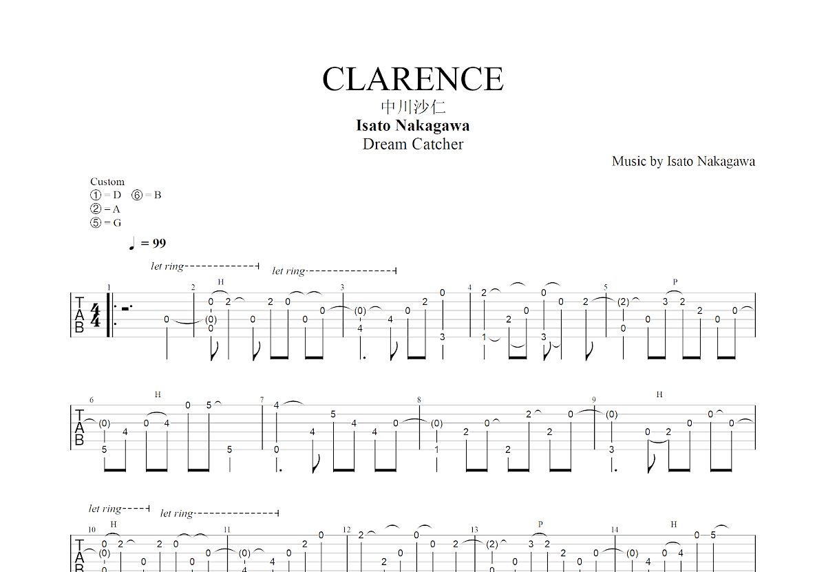 CLARENCE吉他谱_中川砂仁_G调指弹