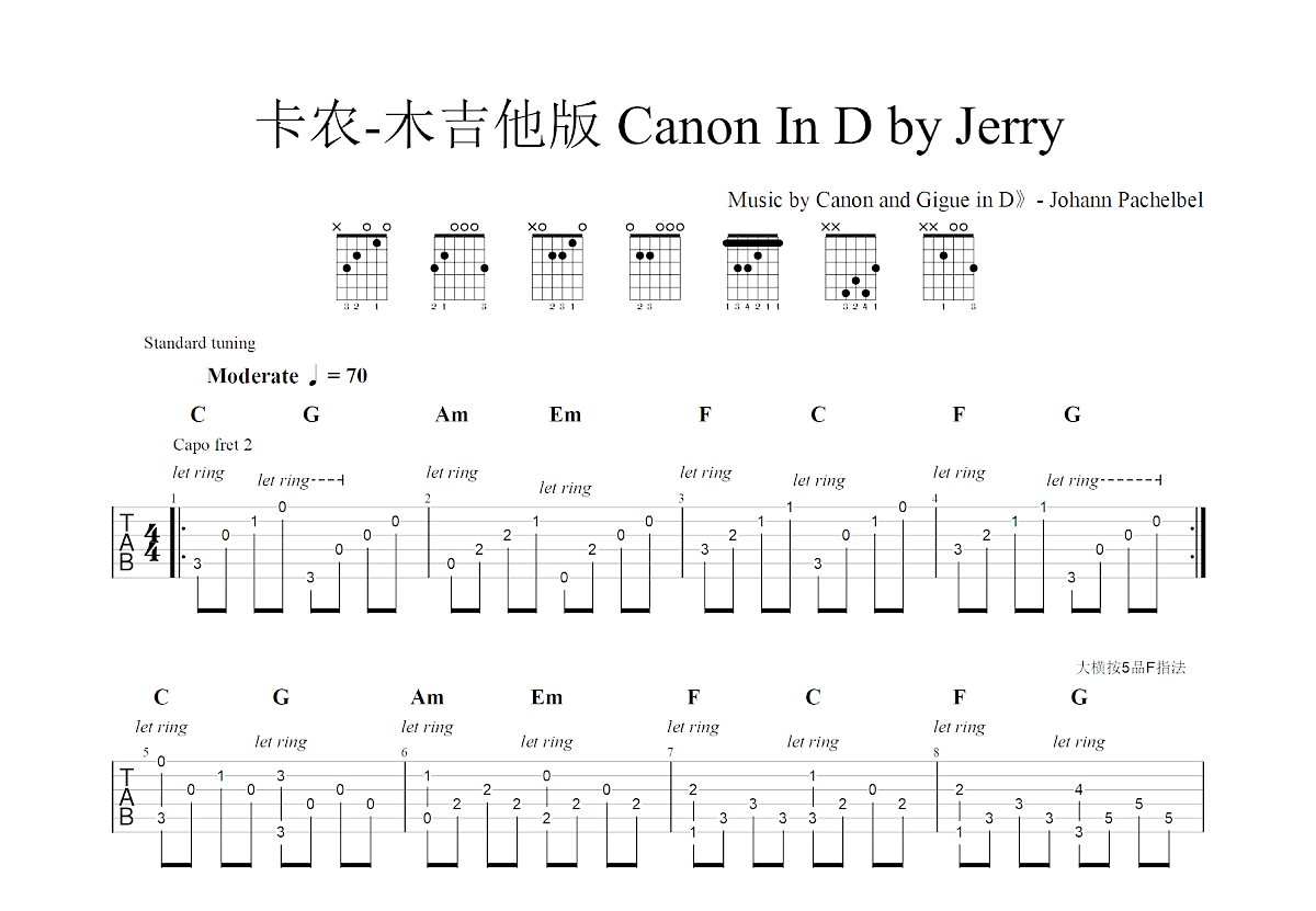 卡农吉他谱_Jerry_C调指弹