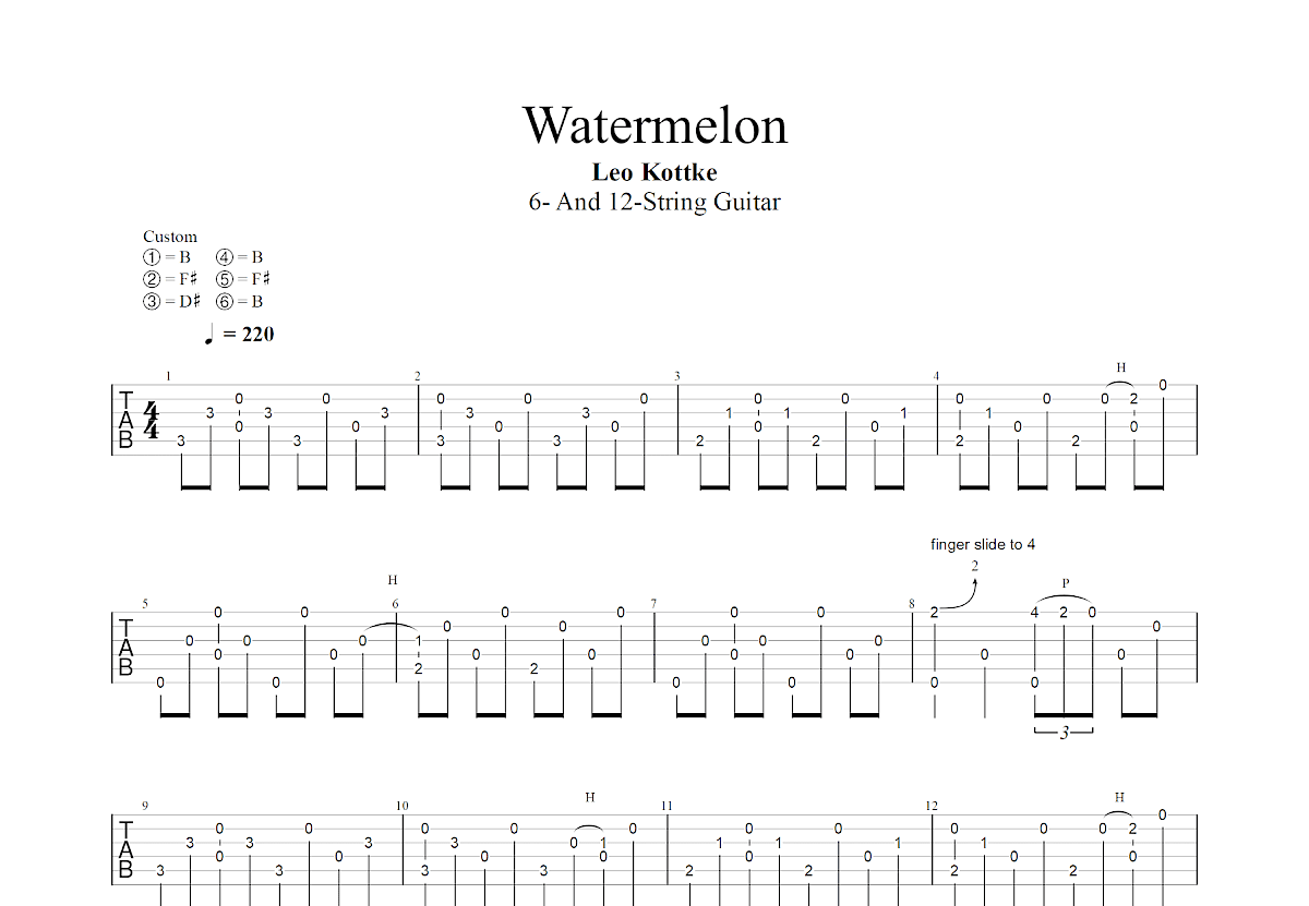 Watermelon吉他谱_Leo Kottke_升F指弹