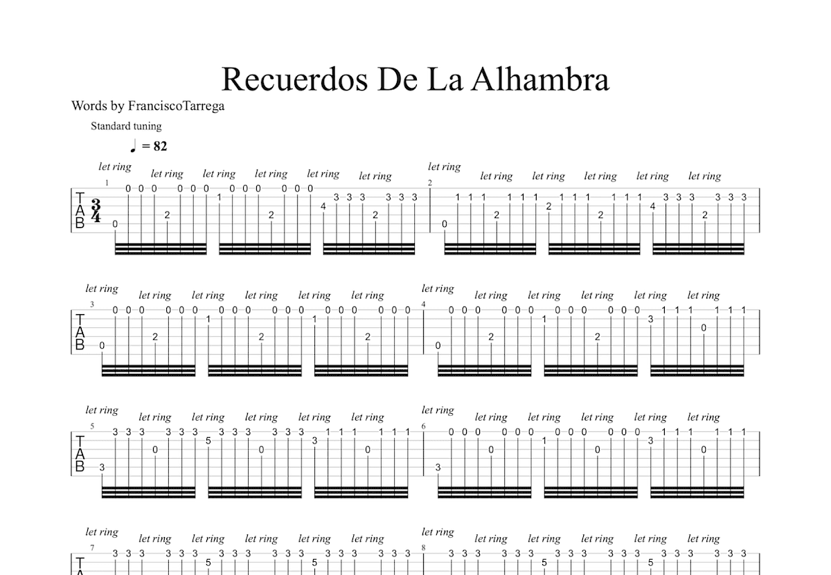 Recuerdos De La Alhambra吉他谱预览图