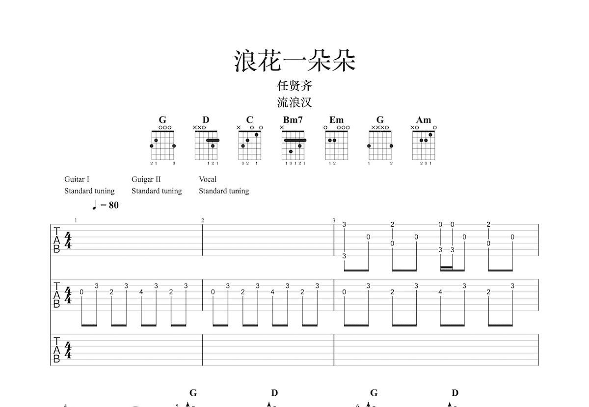 浪花一朵朵吉他谱预览图