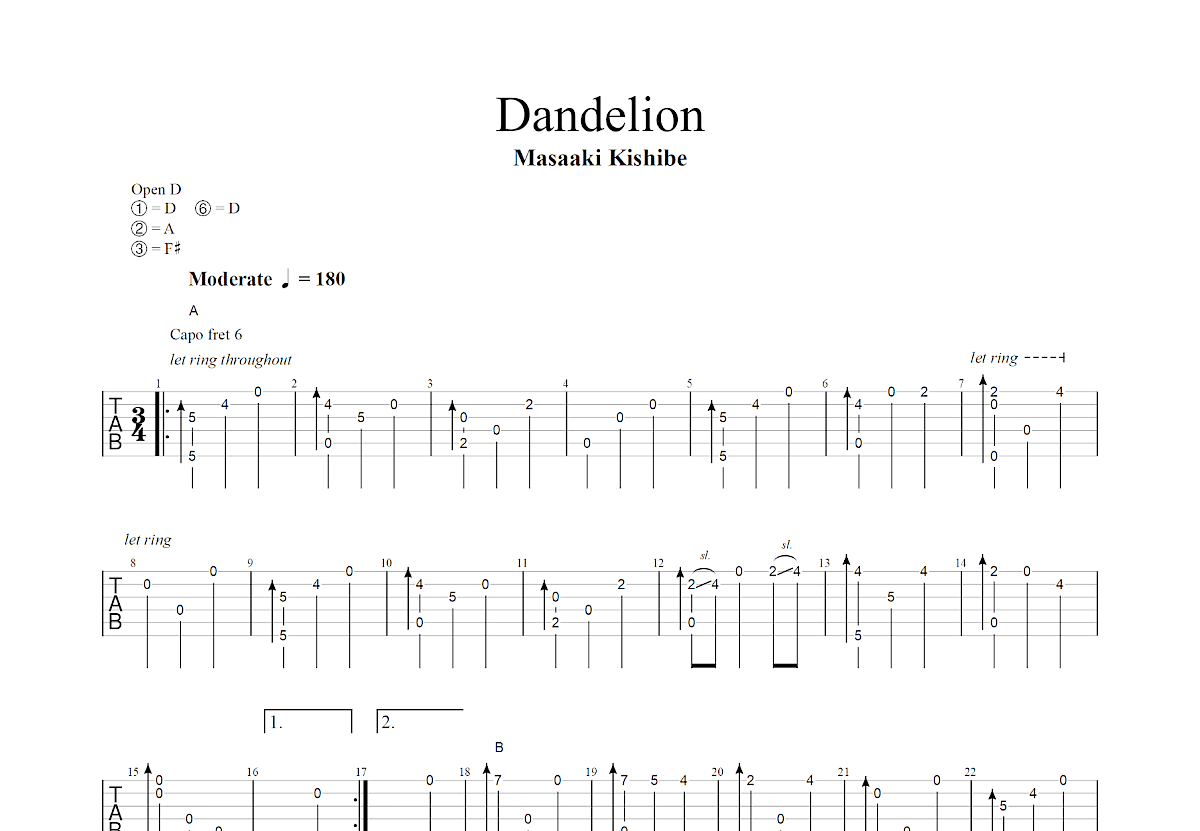 Dandelion吉他谱_岸部真明_D调指弹