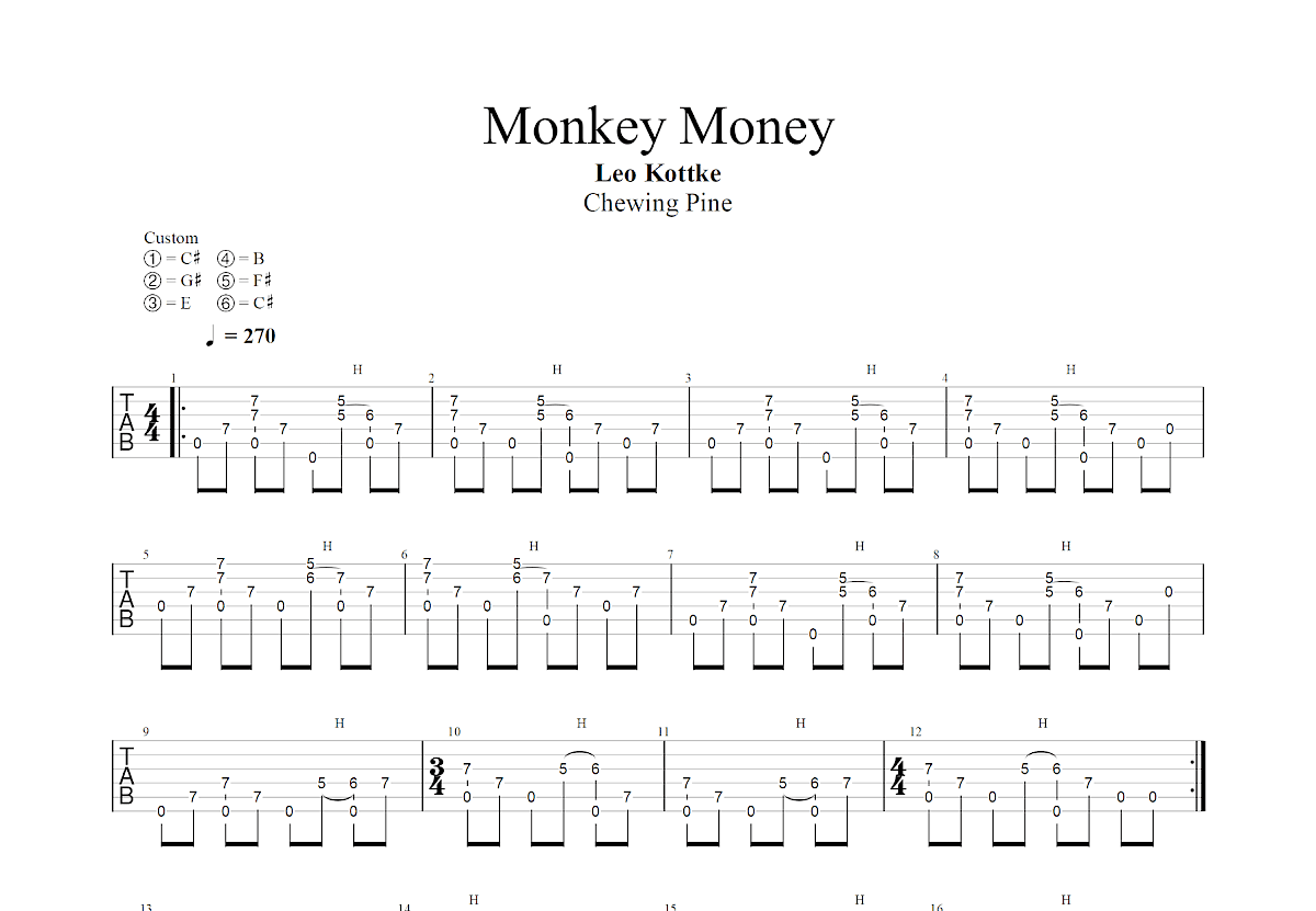 Monkey Money吉他谱_Leo Kottke_升F指弹