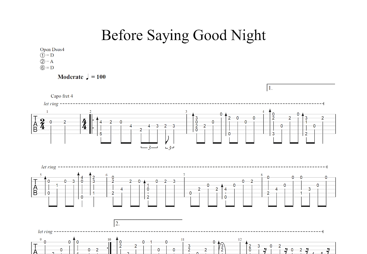 Before Saying Good Night吉他谱_岸部真明_D调指弹