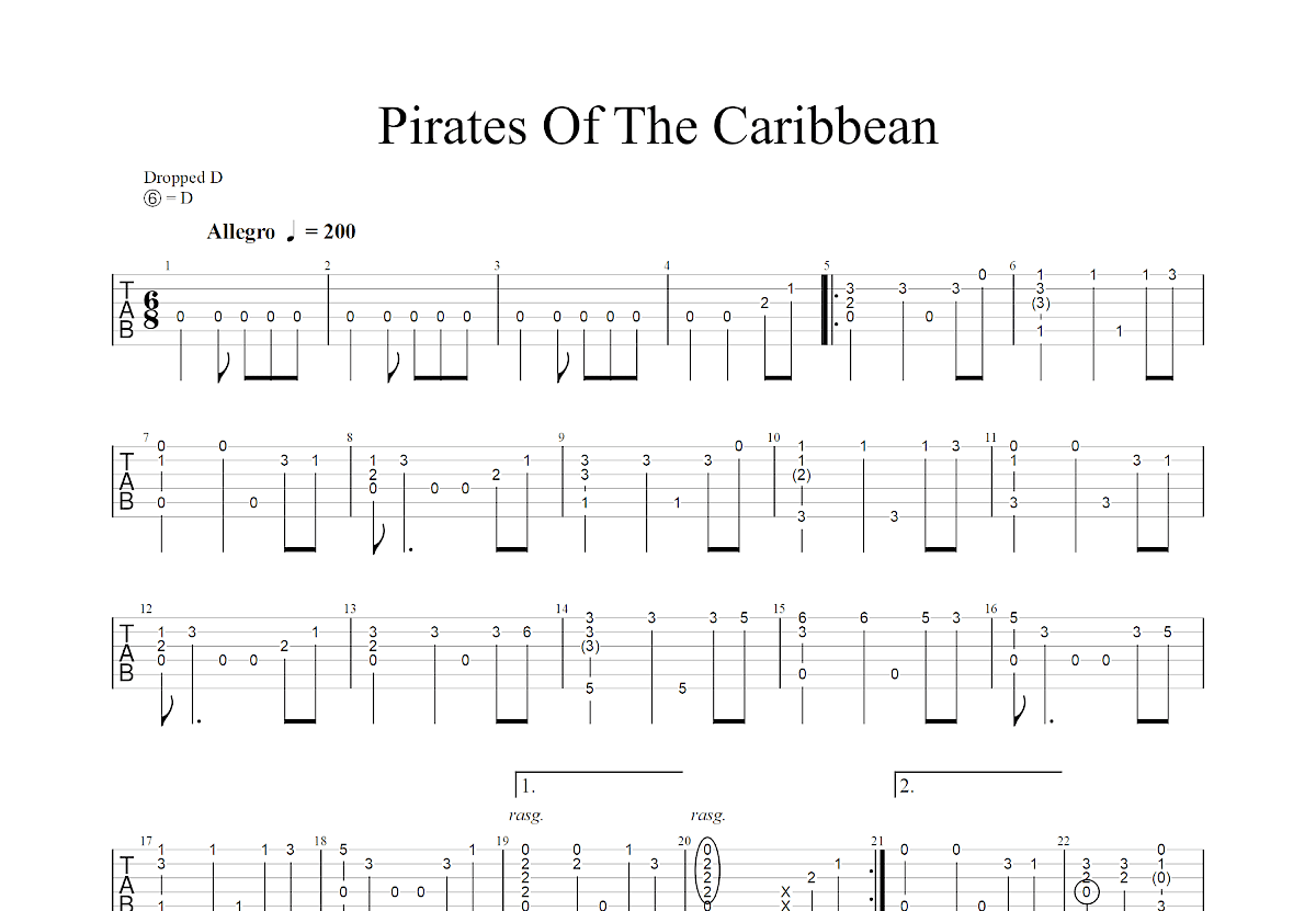 Pirates Of The Caribbean吉他谱_郑成河_D调指弹
