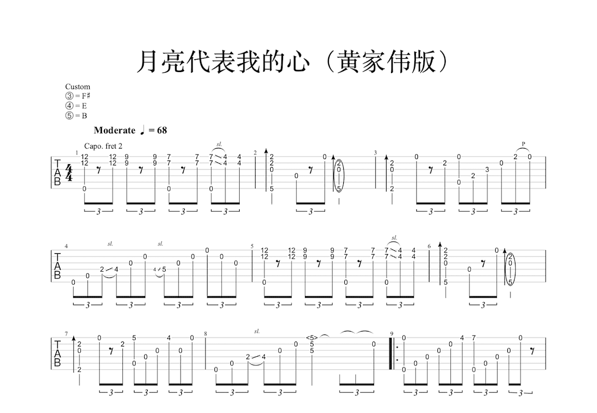 月亮代表我的心吉他谱_翁清溪_E调指弹