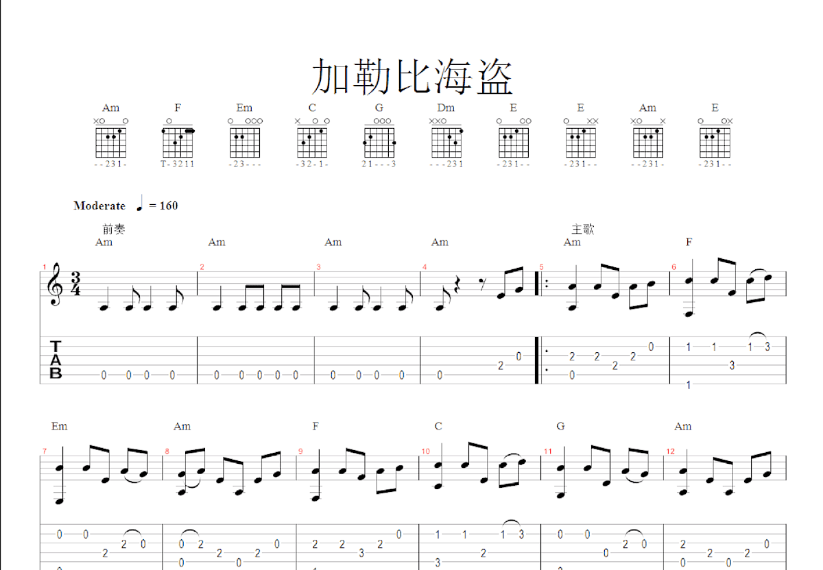 加勒比海盗吉他谱预览图