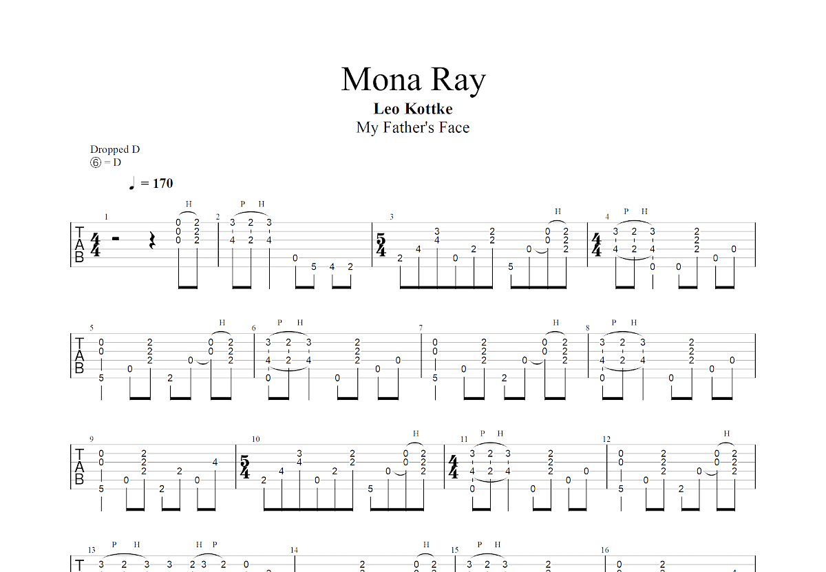 Mona Ray吉他谱_Leo Kottke_D调指弹