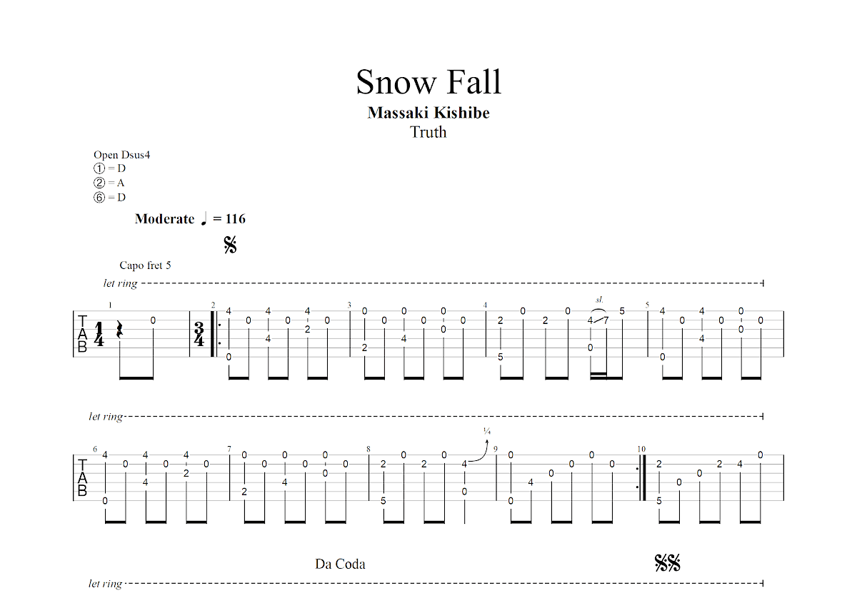 Snow Fall吉他谱_岸部真明_D调指弹