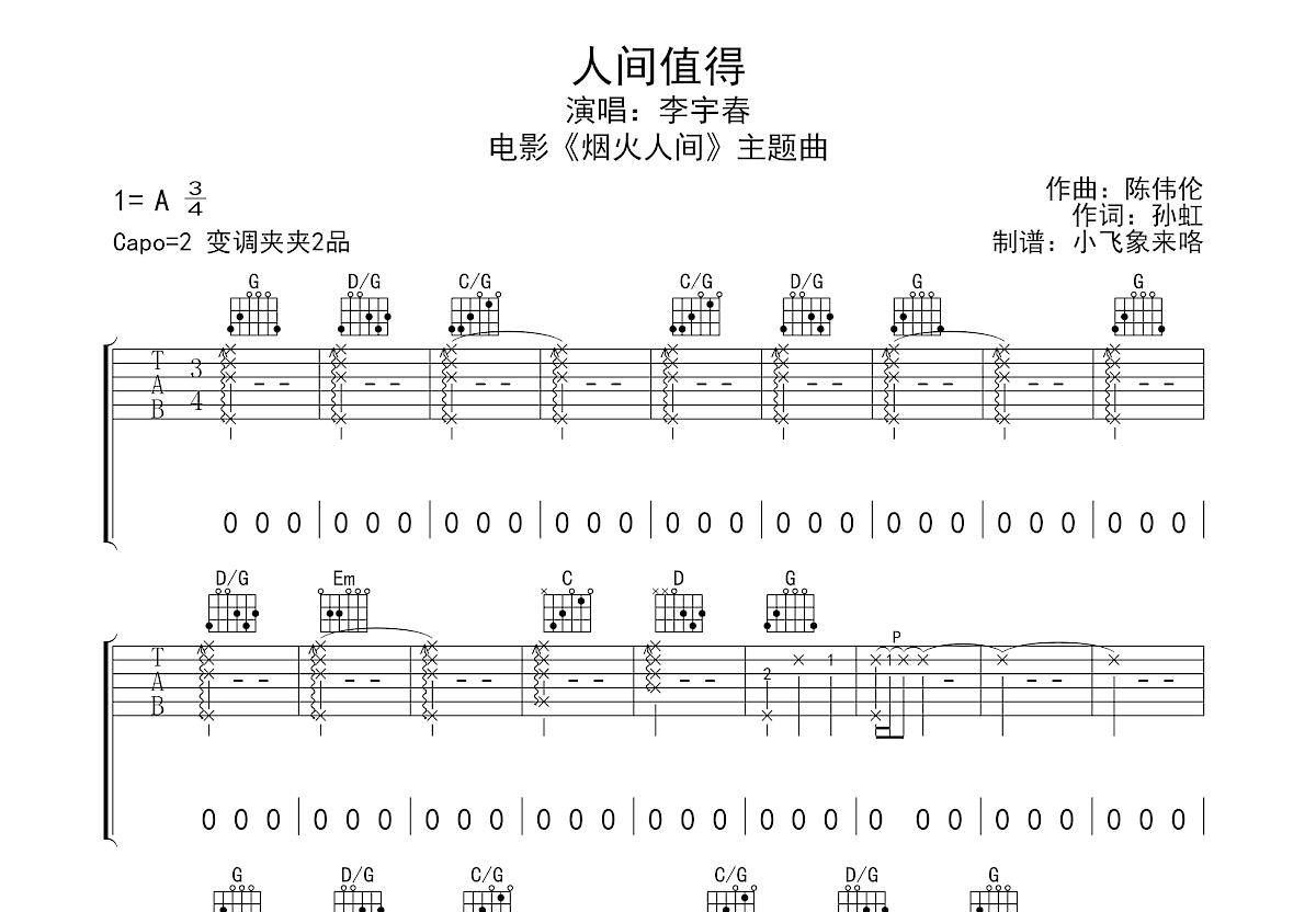 人间值得吉他谱预览图