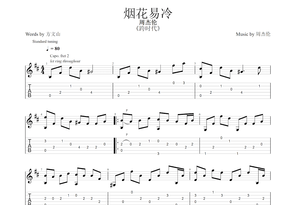 烟花易冷吉他谱预览图