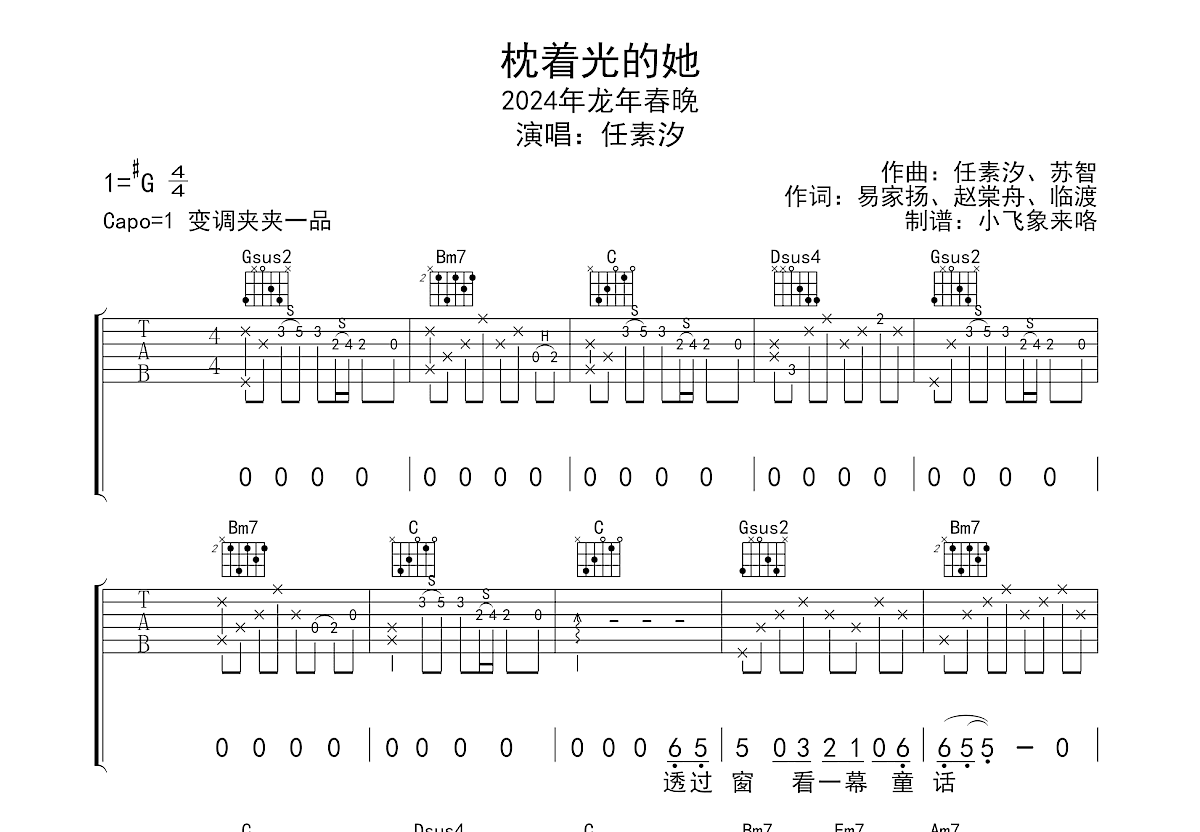 枕着光的她吉他谱预览图