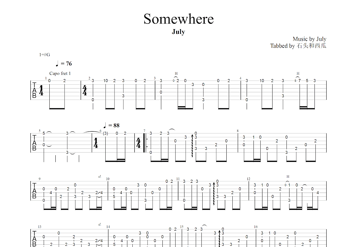 Somewhere吉他谱预览图