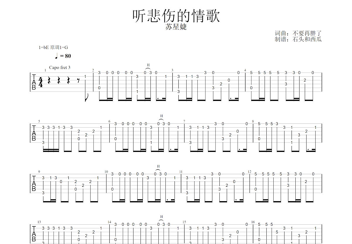 听悲伤的情歌吉他谱预览图