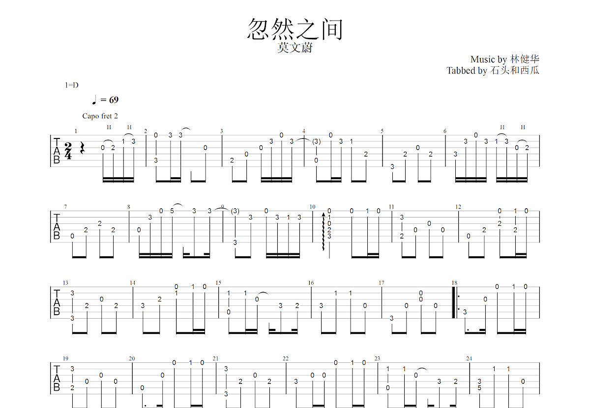 忽然之间吉他谱_莫文蔚_C调指弹