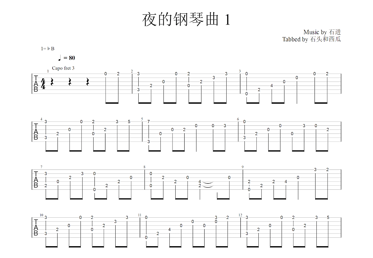 夜的钢琴曲1吉他谱预览图