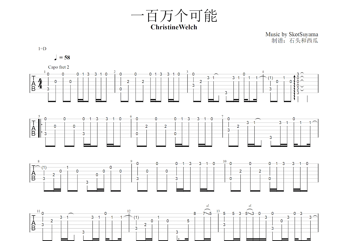 一百万个可能吉他谱预览图