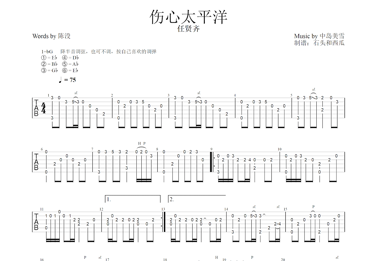 伤心太平洋吉他谱预览图