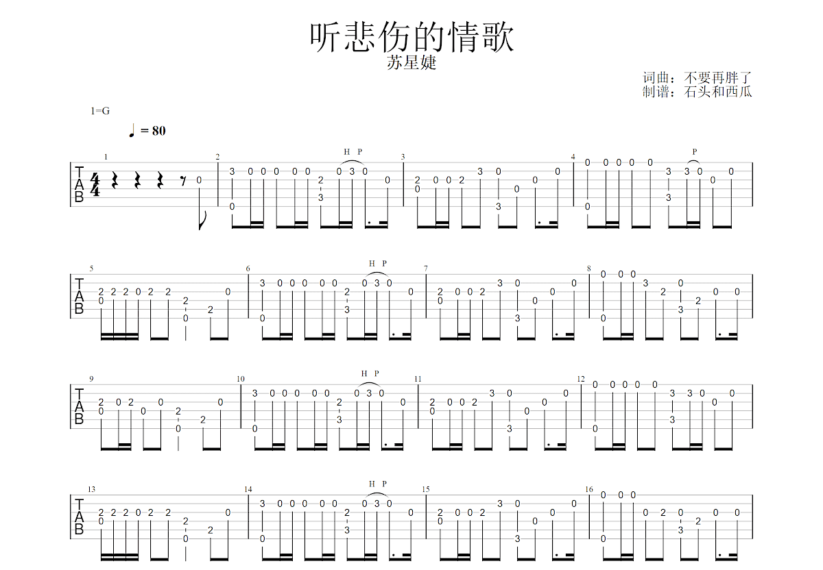 听悲伤的情歌吉他谱预览图