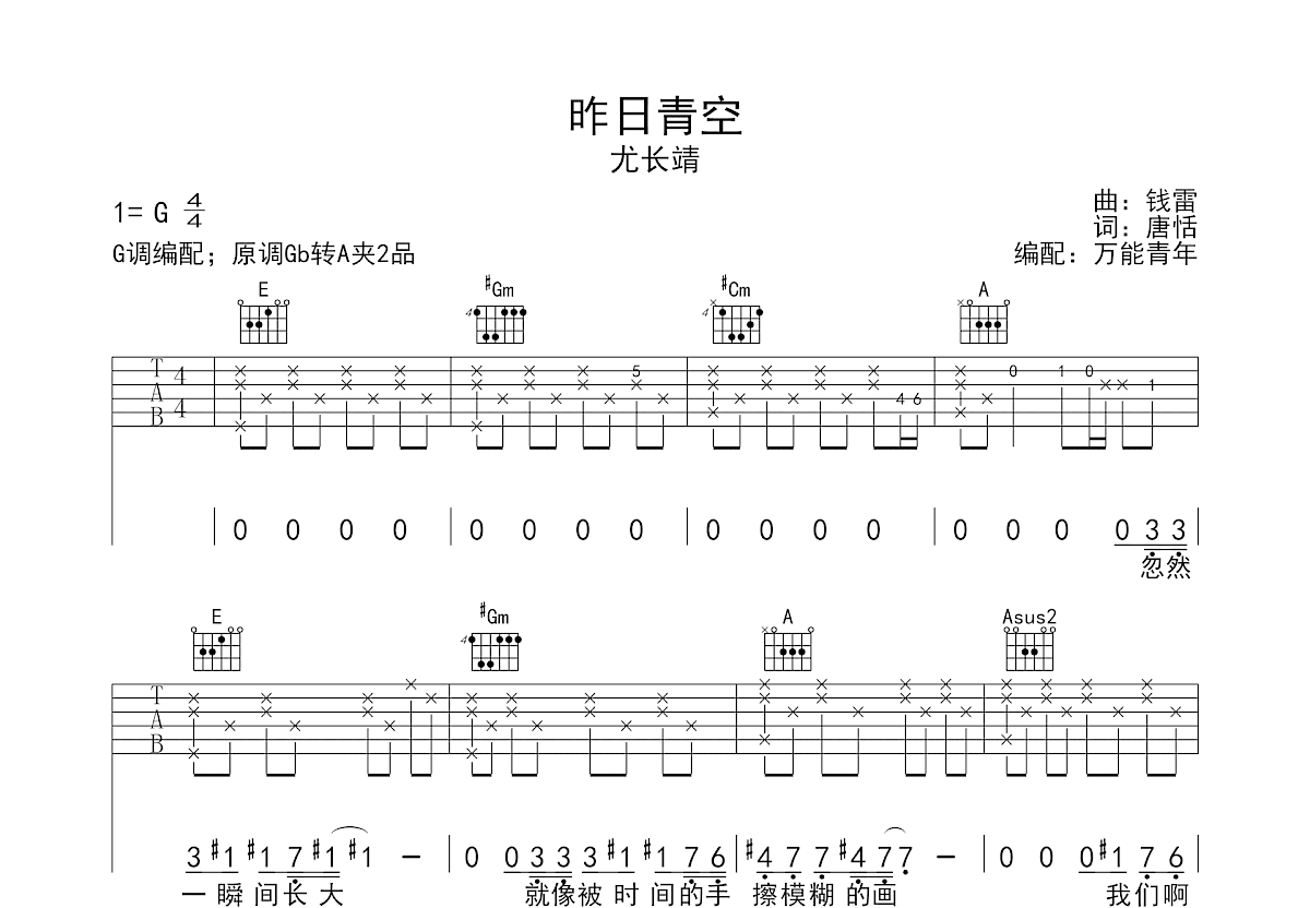 昨日青空吉他谱预览图