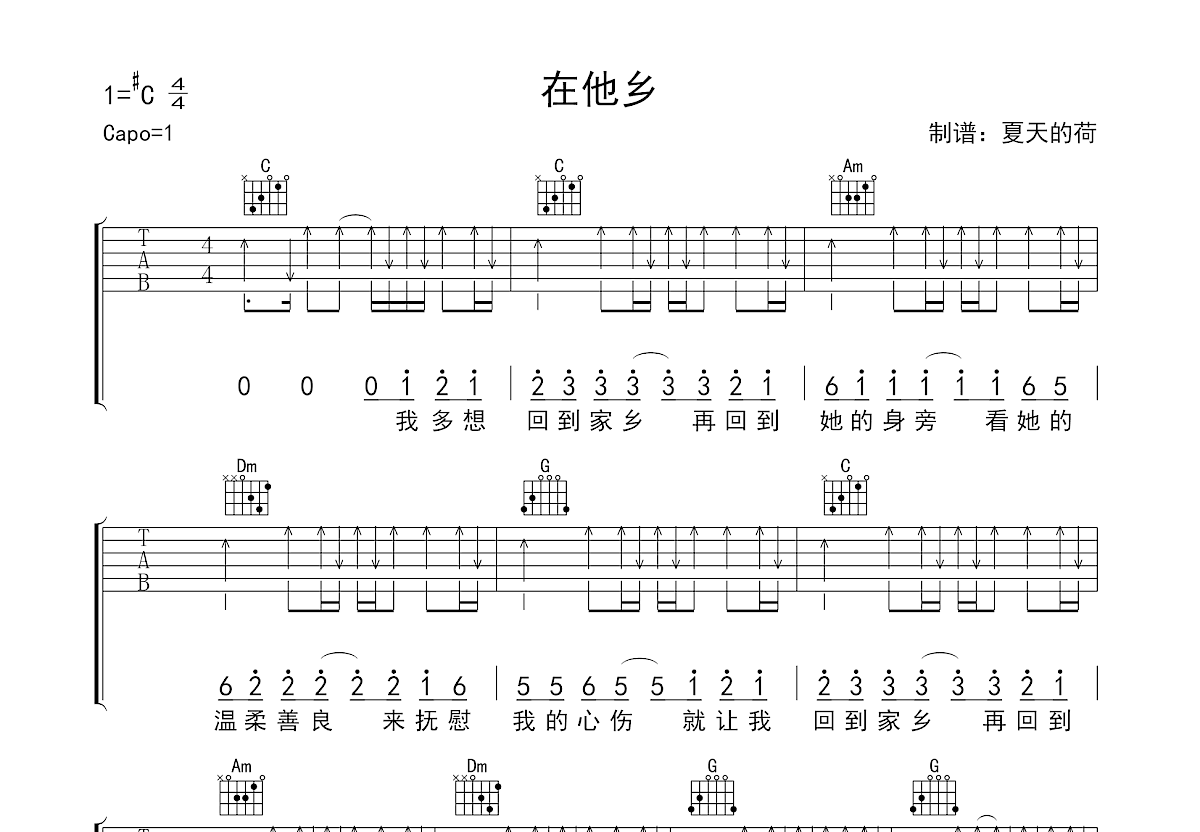 在他乡吉他谱预览图