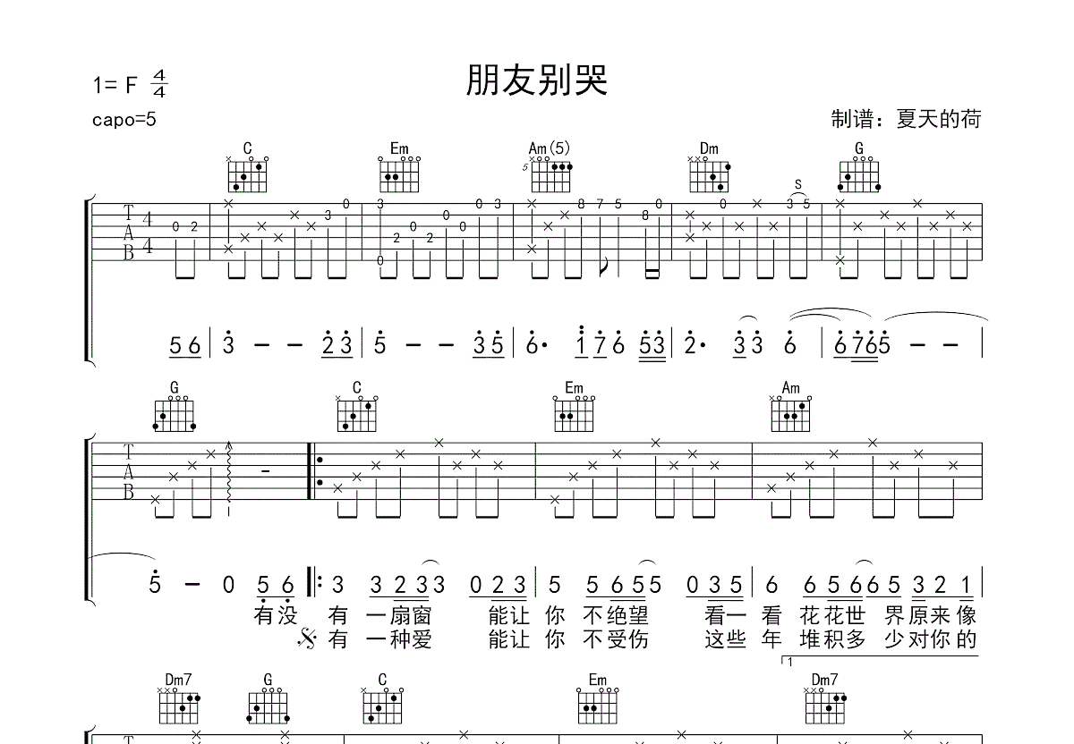 朋友别哭吉他谱预览图