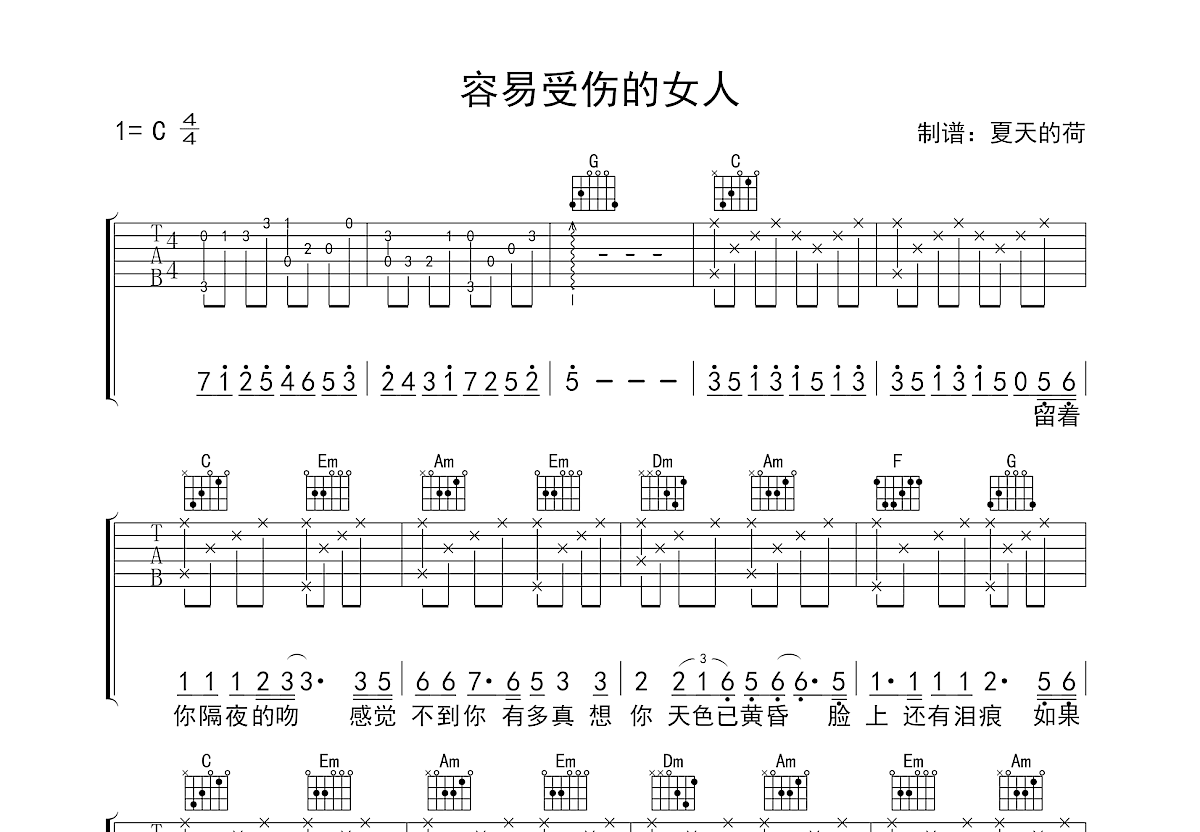 容易受伤的女人吉他谱预览图