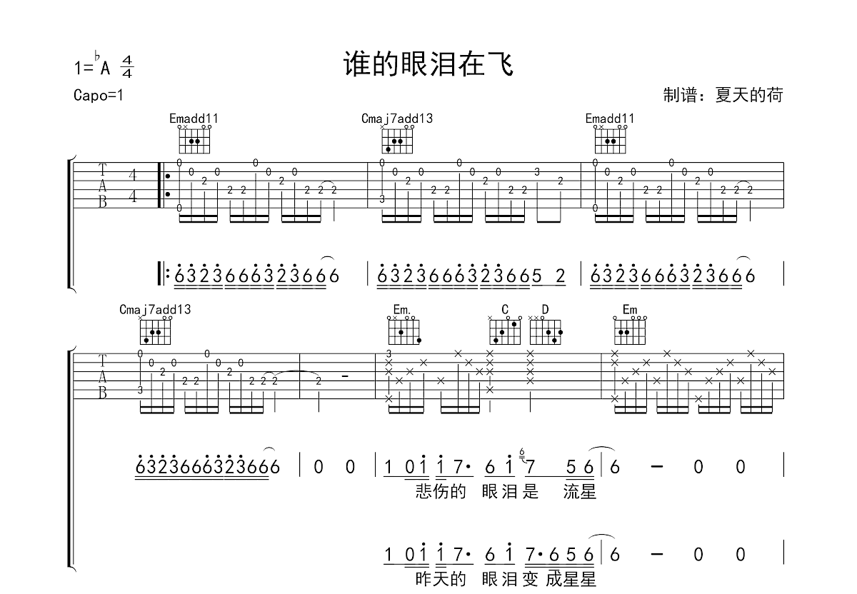 谁的眼泪在飞吉他谱预览图