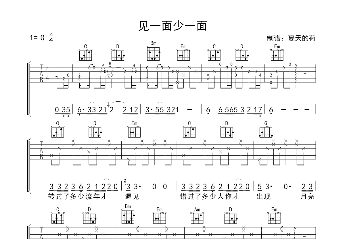 见一面少一面吉他谱_王羽泽_G调弹唱