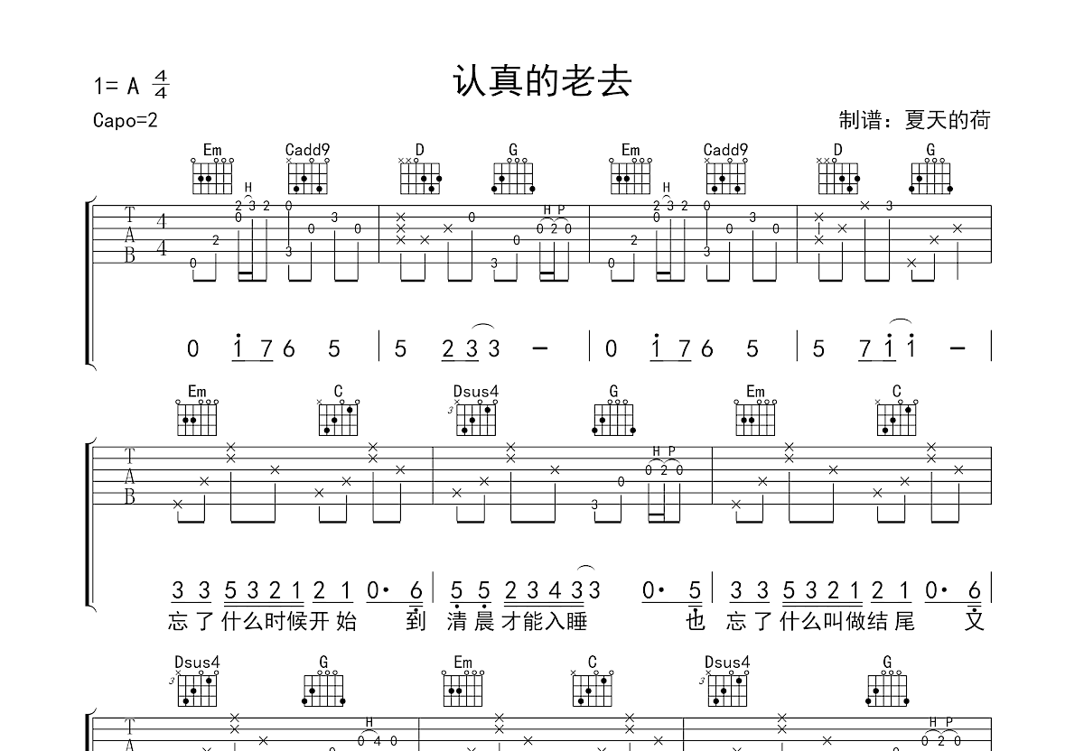 认真的老去吉他谱预览图