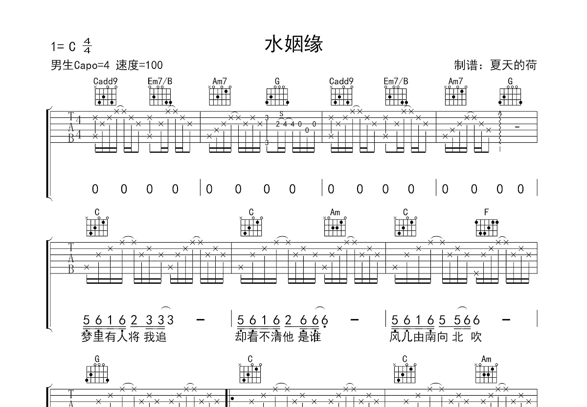 水姻缘吉他谱_田震_C调弹唱