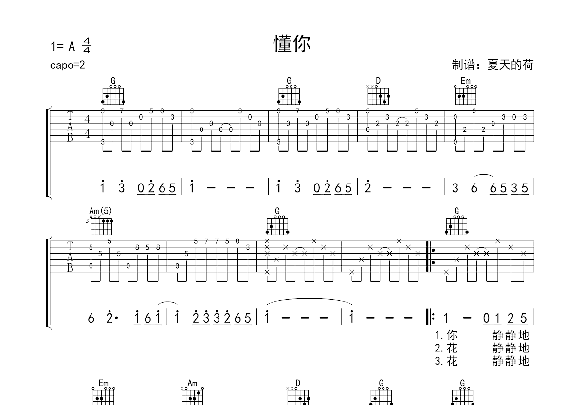 懂你吉他谱预览图