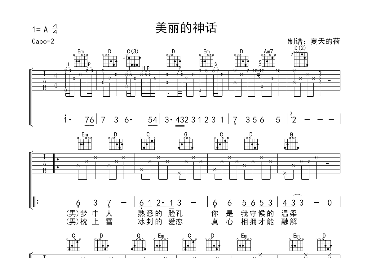 美丽的神话吉他谱预览图