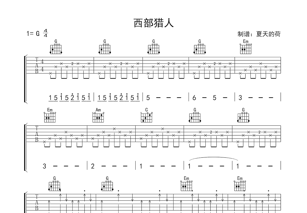 西部猎人吉他谱预览图