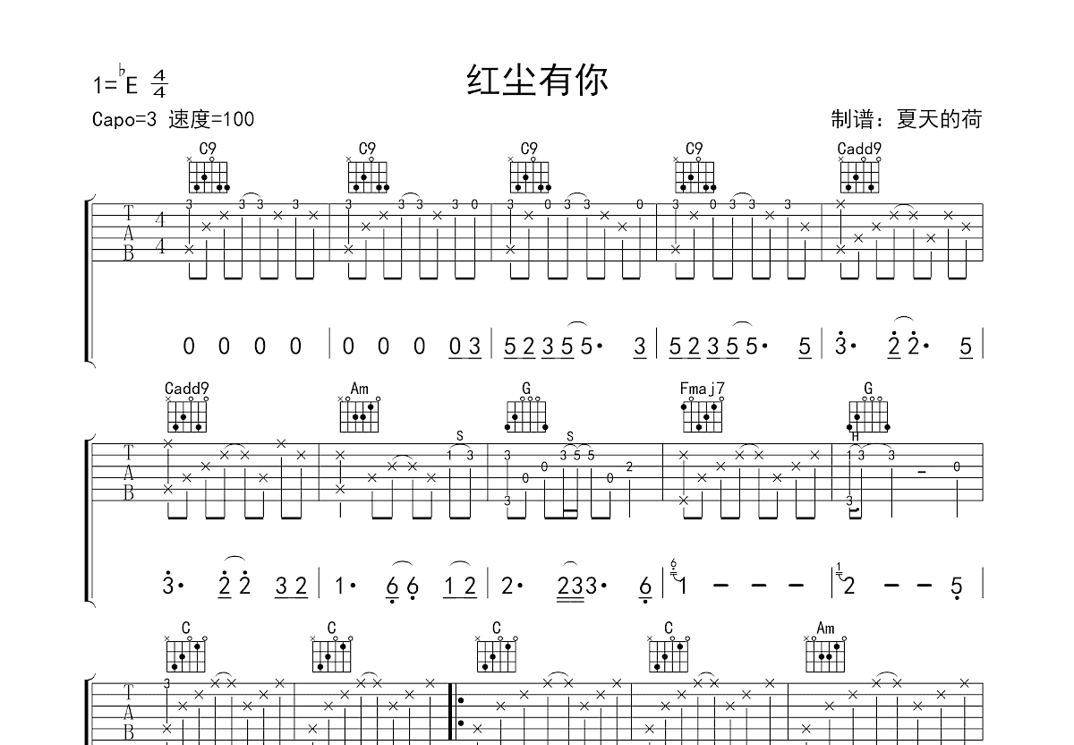红尘有你吉他谱预览图
