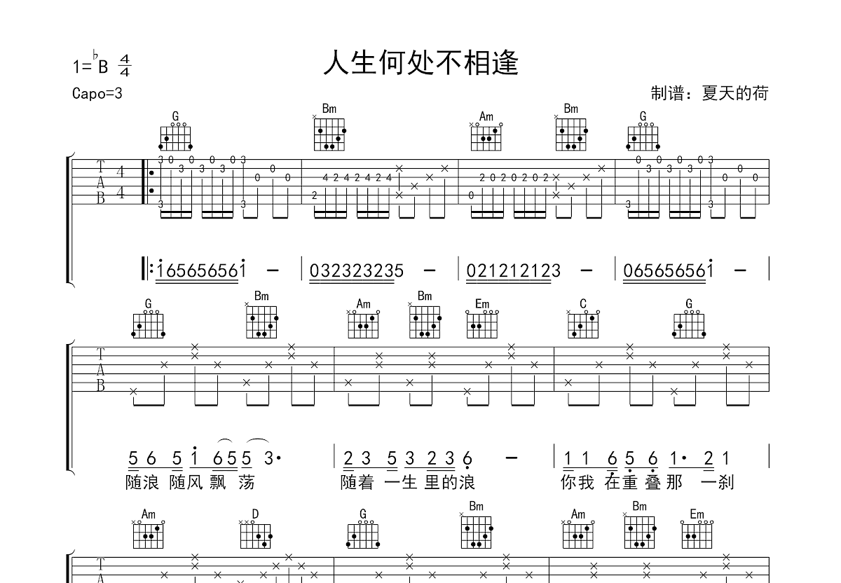 人生何处不相逢吉他谱预览图