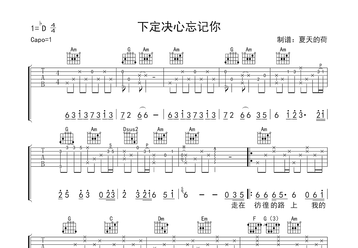 下定决心忘记你吉他谱预览图