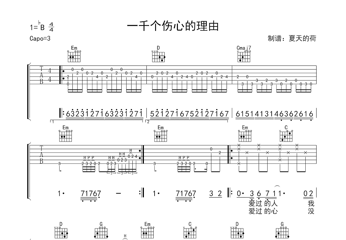 一千个伤心的理由吉他谱预览图