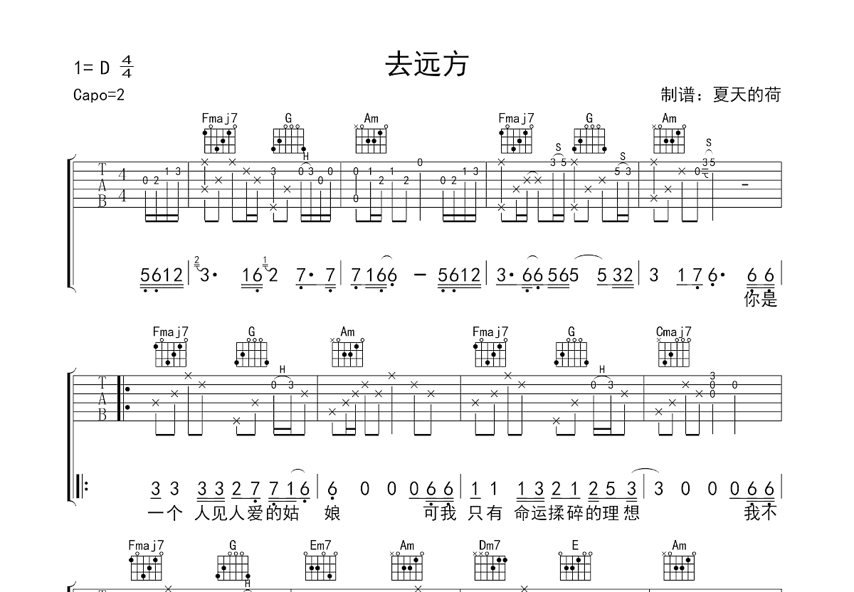 去远方吉他谱_付俊乐_C调弹唱