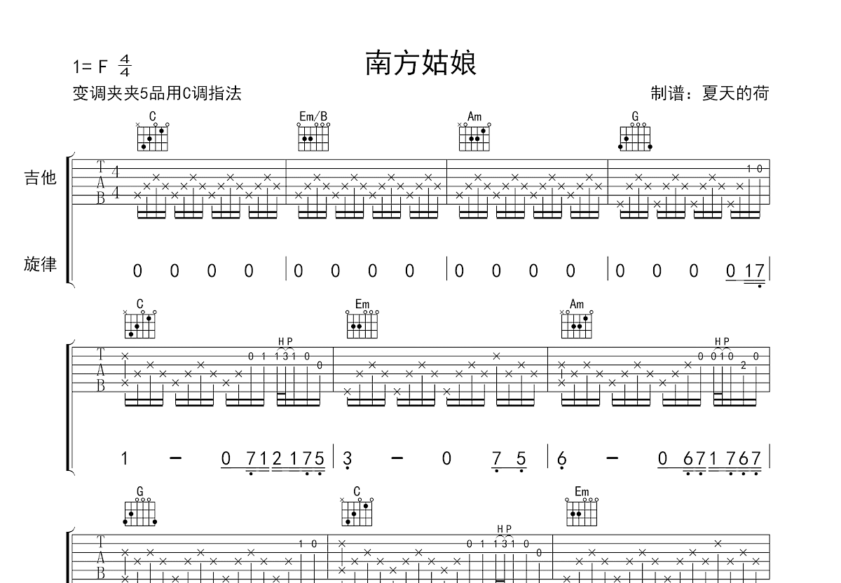 南方姑娘吉他谱预览图