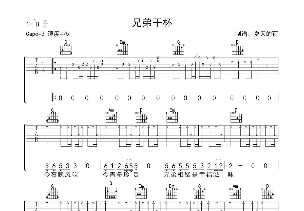 兄弟干杯吉他谱预览图