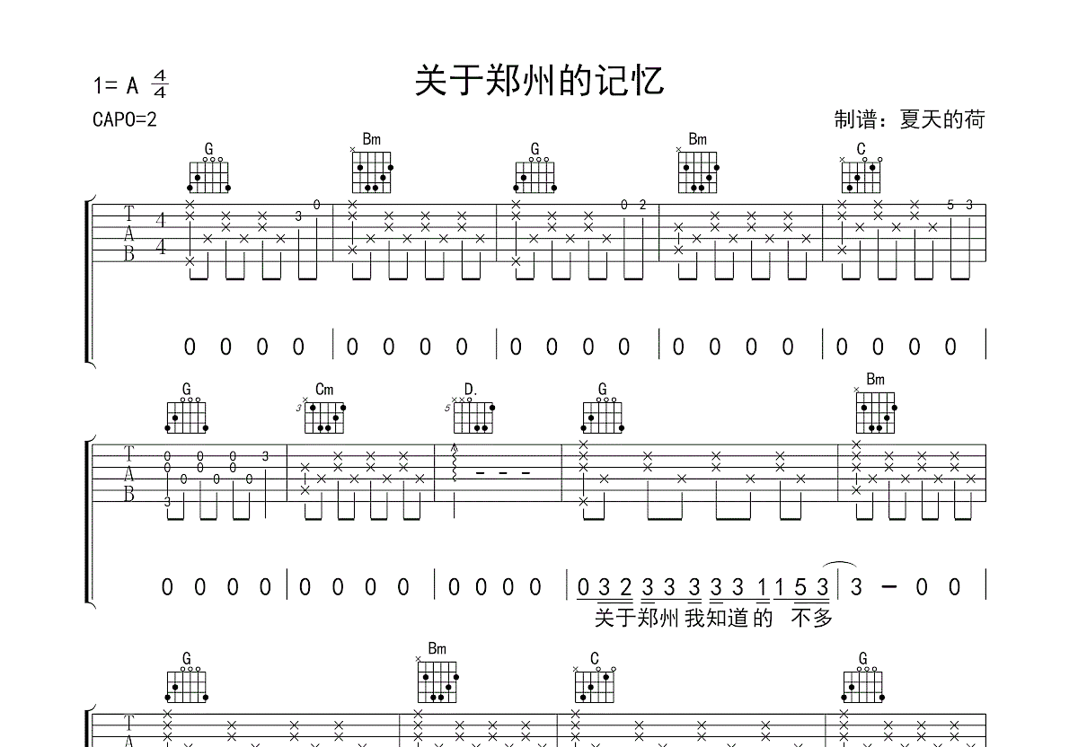 关于郑州的记忆吉他谱预览图