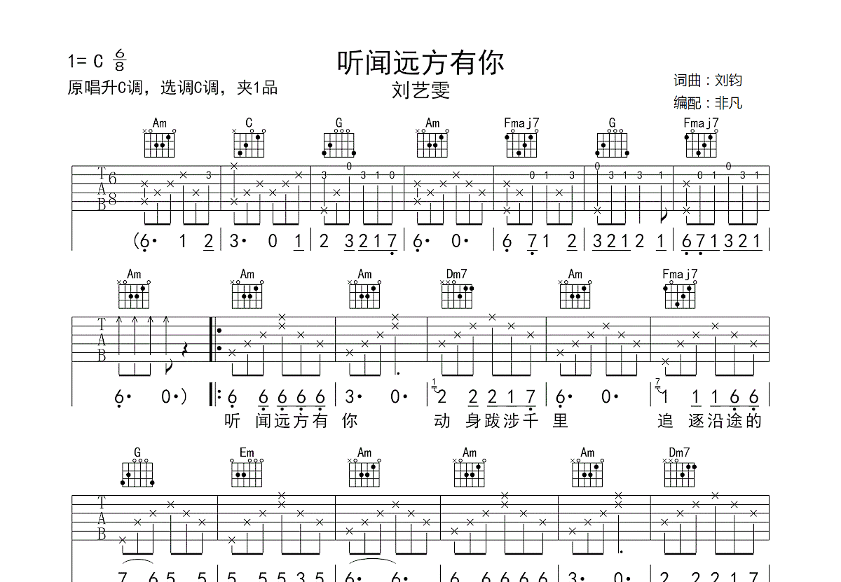 听闻远方有你吉他谱预览图